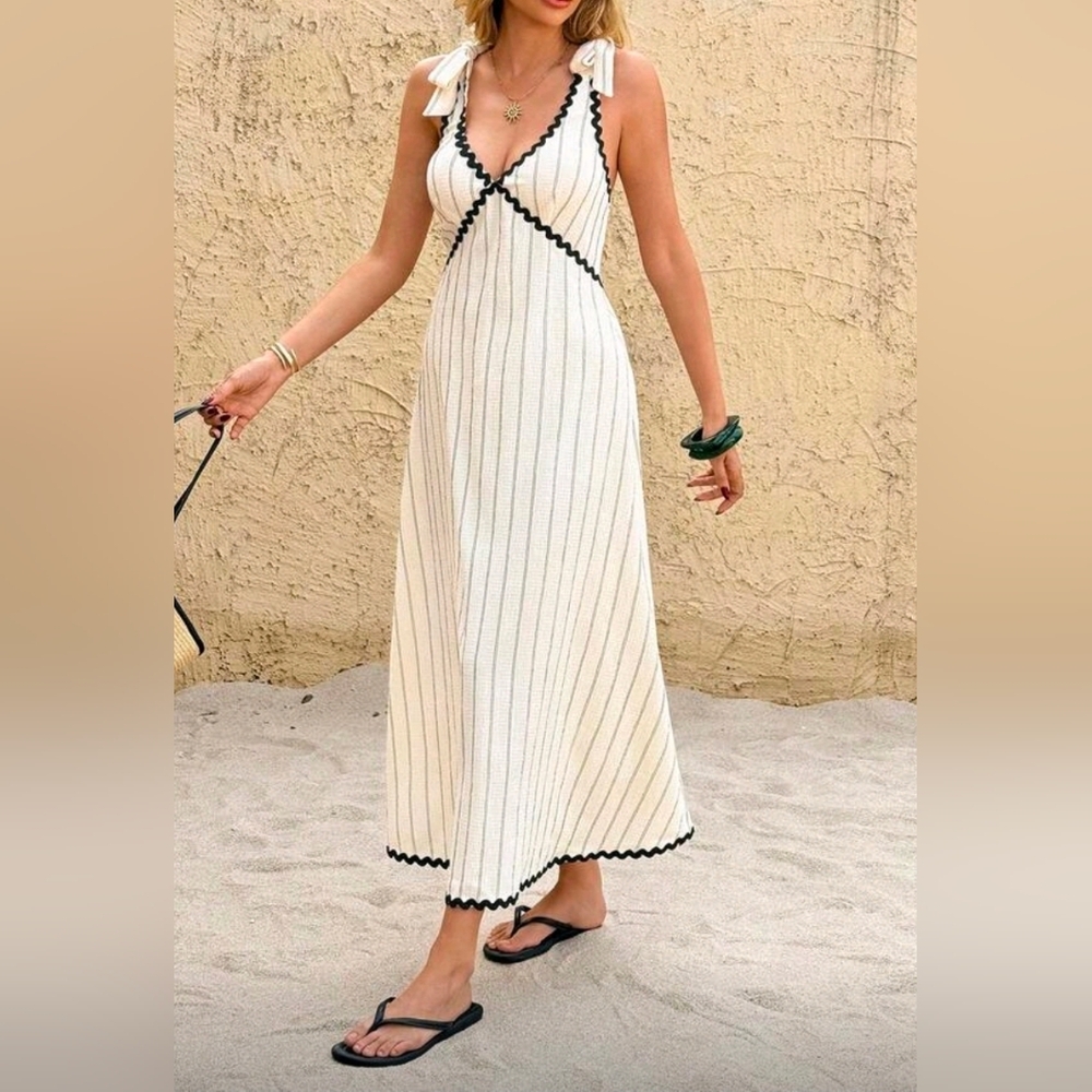 New Flowy Tie Strap Rickrack Trim Long Dress Cream Tan Black - Picture 5 of 10